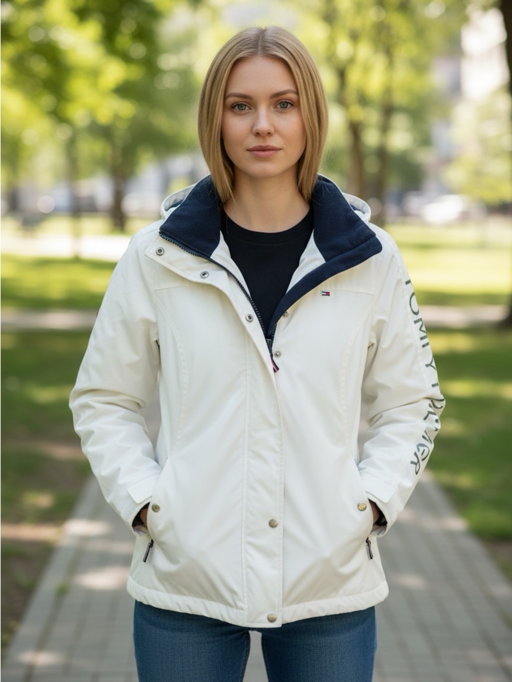 Tommy Hilfiger Women's 3-in-1 Jacket Shell Only White Navy Nautical Preppy S